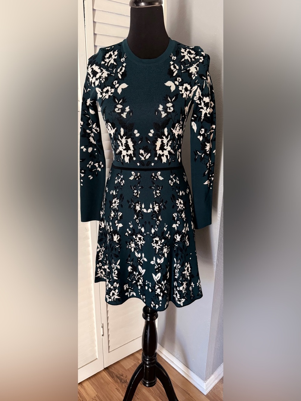 Teal Floral Long-Sleeve Fit & Flare Dress